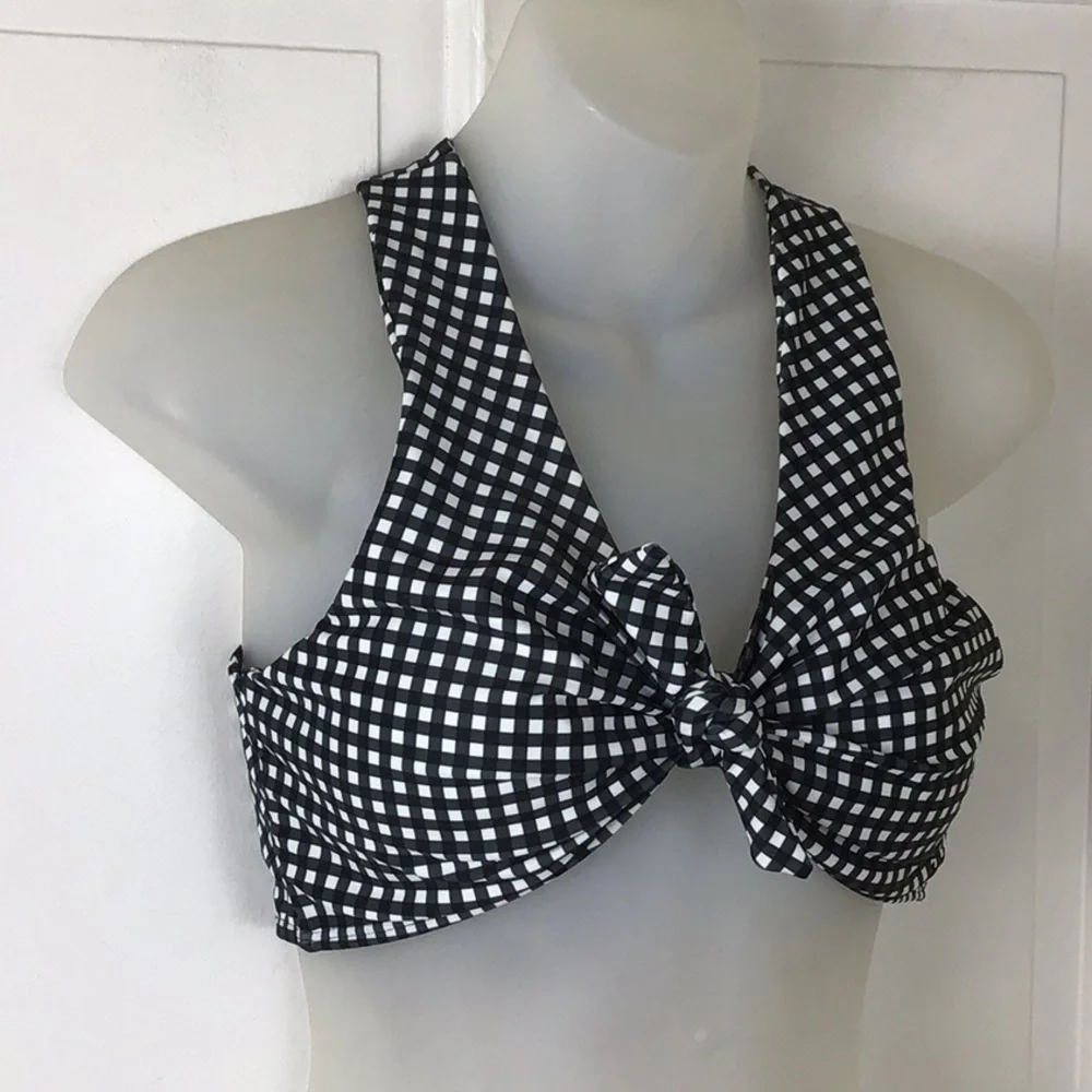 Albion Fit Black Gingham Knot Halter Bikini Top M